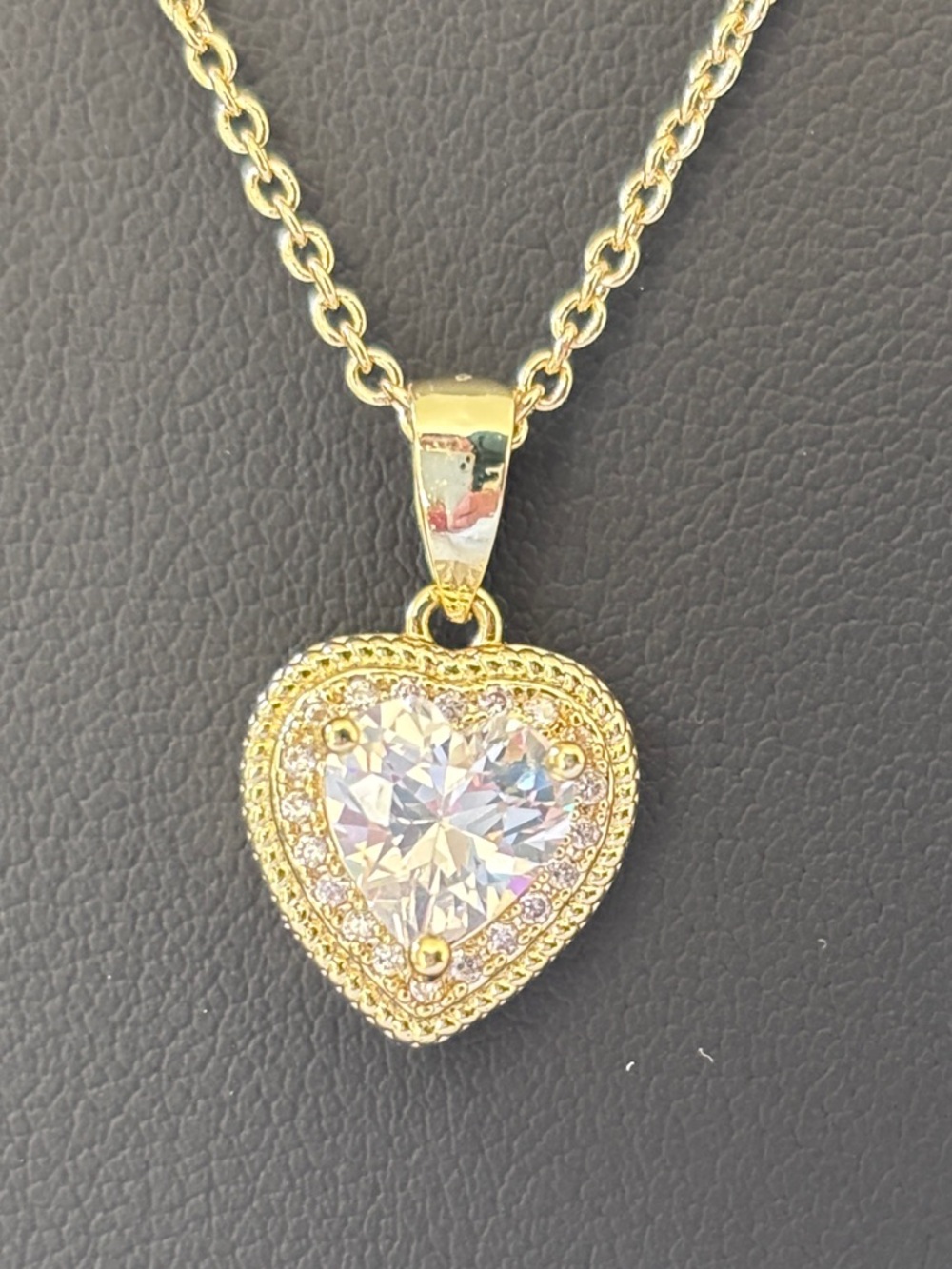 Gold Tone CZ Heart Pendant Necklace Adjustable 16-18” New